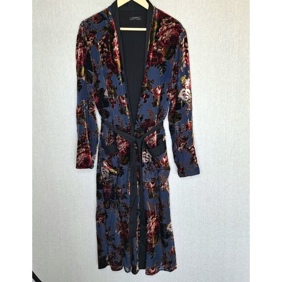 Zara Other - 💙 Zara Burnt Velvet Floral Belted Pockets Kimono Coat Size S/M Preppy Chic Arts